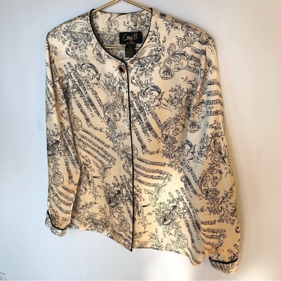 VINTAGE blush black pure silk,cherubs angel musical print long sleeve blouse 12 - Picture 3 of 11